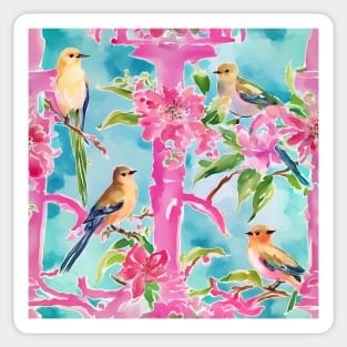 Pink and turquoise preppy birds on trellis watercolor Sticker